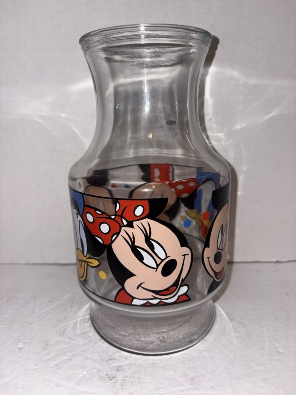 Disney Mickey Minnie Donald Friends Vintage Juice Carafe Glass Pitcher